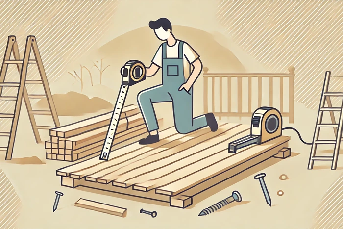 Person measuring a deck with construction materials