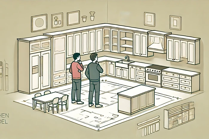 Two people discussing kitchen remodel plans with cabinetry and appliances