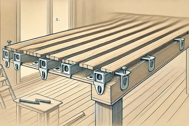 Joist hangers connecting joists to a ledger board