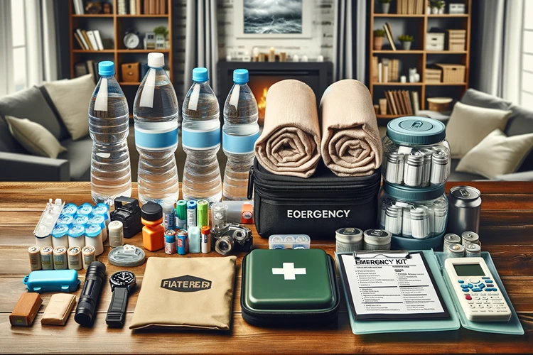 An emergency kit displayed on a wooden table, symbolizing thorough preparation for a hurricane with essential items