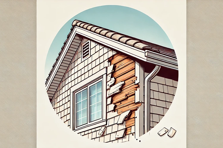 Damaged cedar shake siding with visible signs of cracks, discoloration, loose shakes, and warped edges in a simplified cartoon-style illustration.