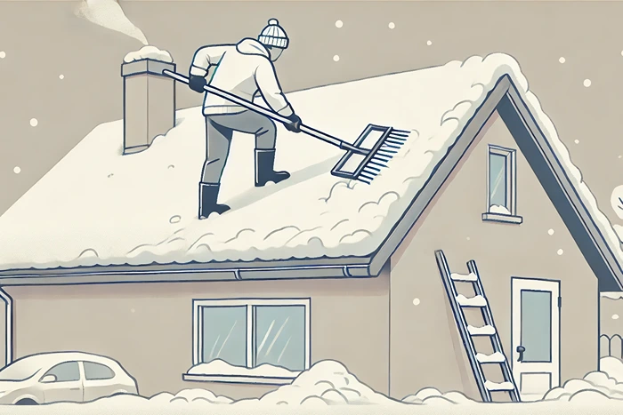 Safe snow removal from roof using a roof rake.