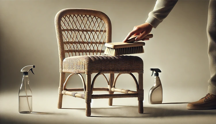 Person cleaning old wicker furniture with a soft brush