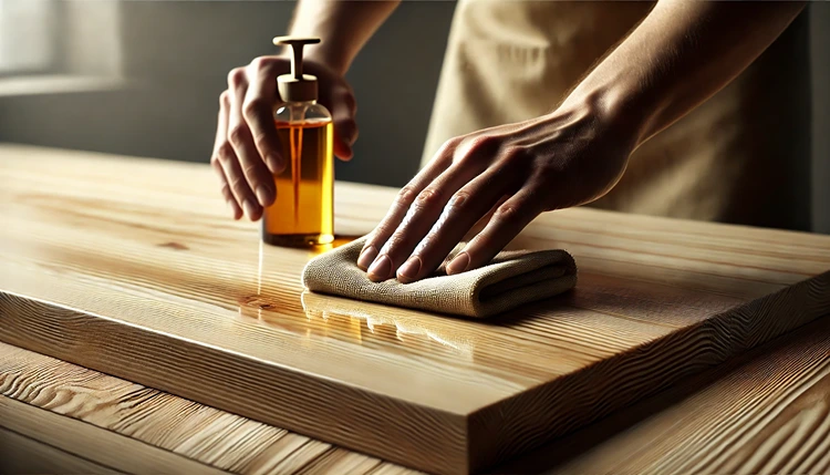 Hands applying wood oil to unfinished wooden table