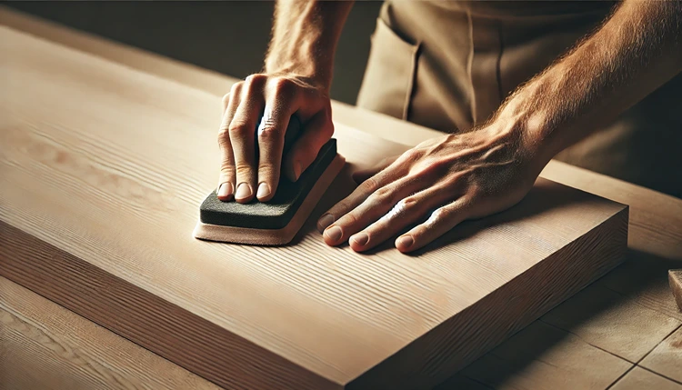 Woodworker sanding an unfinished wooden table