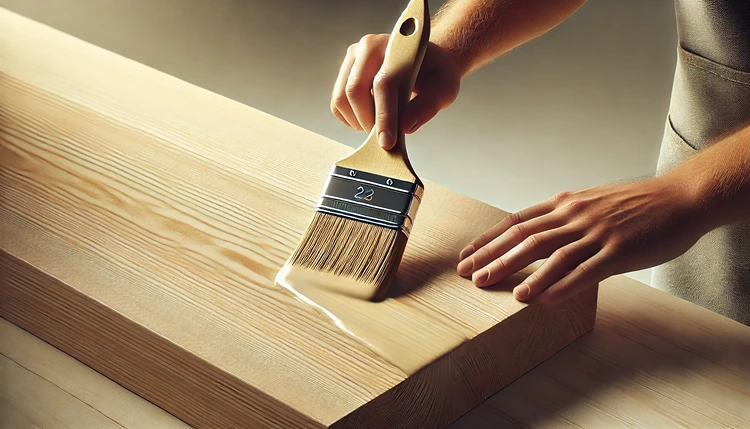 Person applying clear finish to an unfinished wooden surface with a brush