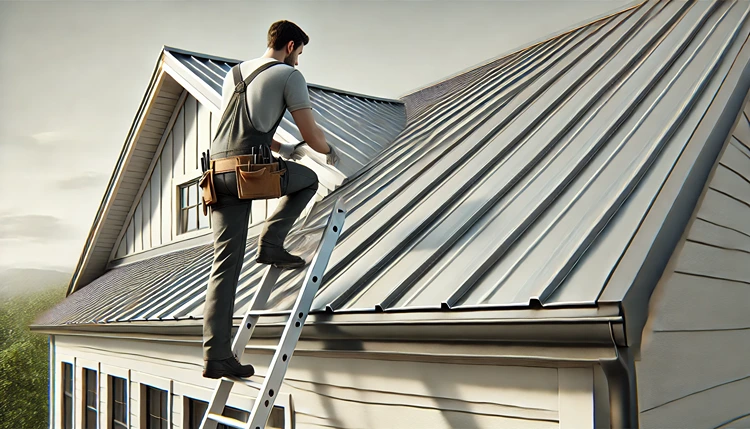 Homeowner inspecting standing seam metal roof